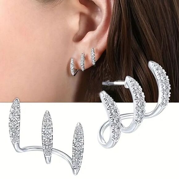 Dazzling Claw Design Stainless Steel Stud Earrings with Cubic Zirconia - Picture 2 of 10